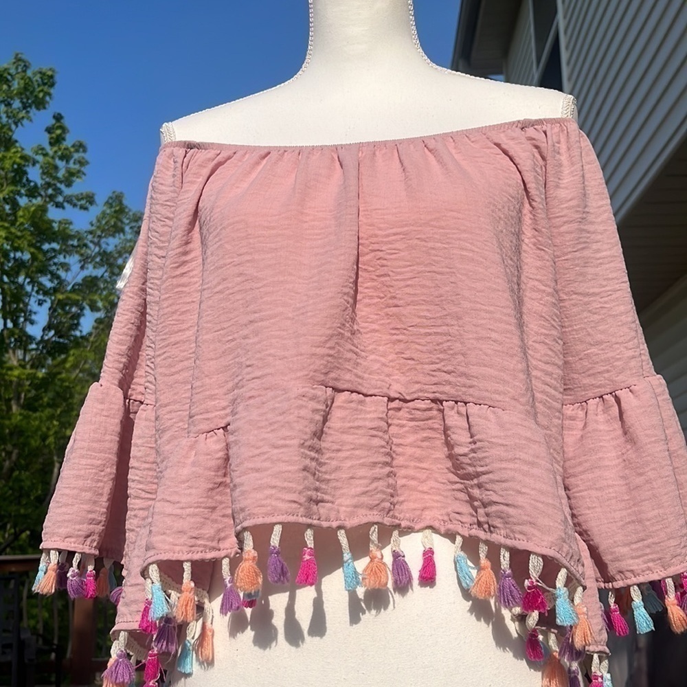 Peach Love California tassels off the shoulder blouse size small blush tunic